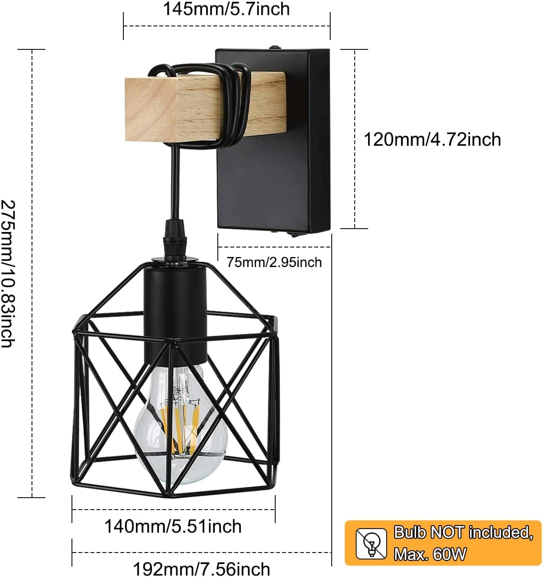 Industrial Wall Lights Indoor with Switch, Vintage Wooden Wall Lamp, E27 Black Cage Wall Lights, Wall Sconces Indoor for Farmhouse, Living Room, Bedroom, Hallway, Stairwell, Bar (2 Pack)