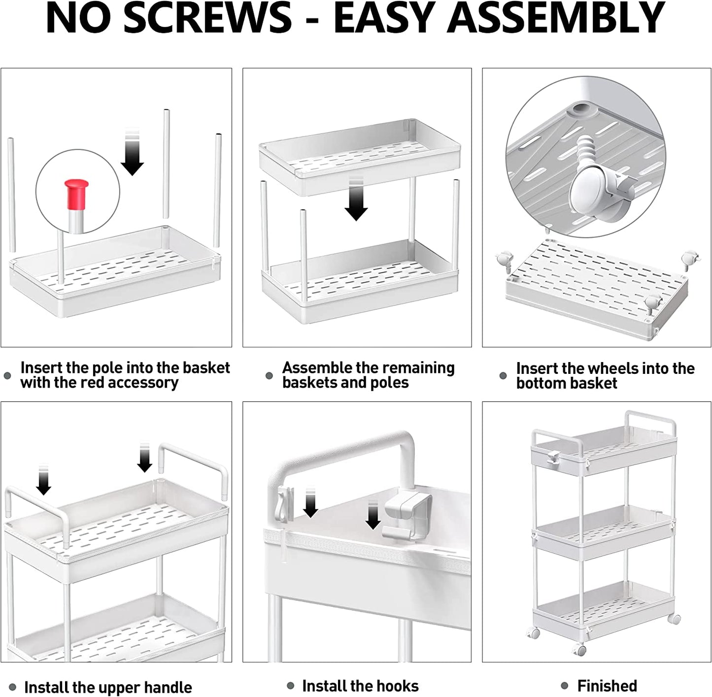 3-Tier Storage Trolley Cart Slide-Out Rolling Utility Cart Mobile Storage Shelving Organizer for Kitchen, Bathroom, Laundry Room, Bedroom, Narrow Places, Plastic,White