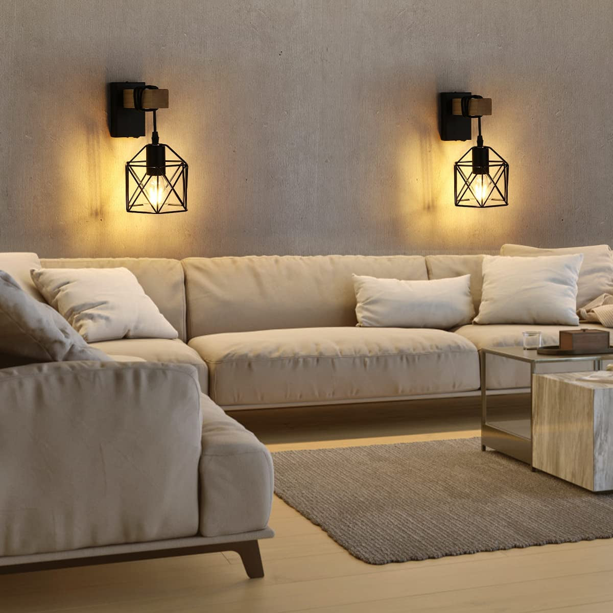 Industrial Wall Lights Indoor with Switch, Vintage Wooden Wall Lamp, E27 Black Cage Wall Lights, Wall Sconces Indoor for Farmhouse, Living Room, Bedroom, Hallway, Stairwell, Bar (2 Pack)
