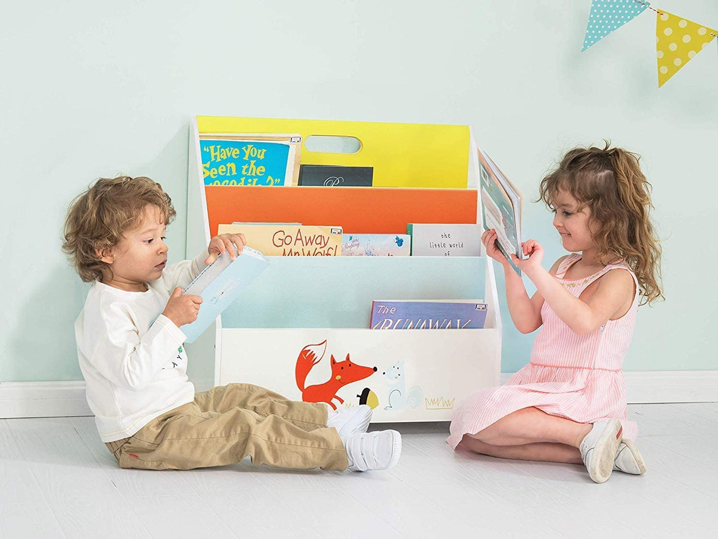 2-In1 Well Bookcase on Wheels for Toddler Toy Storage Unit Wooden Toy Box Creative Bookcase with Cute Animal Patterns Orange Fox’