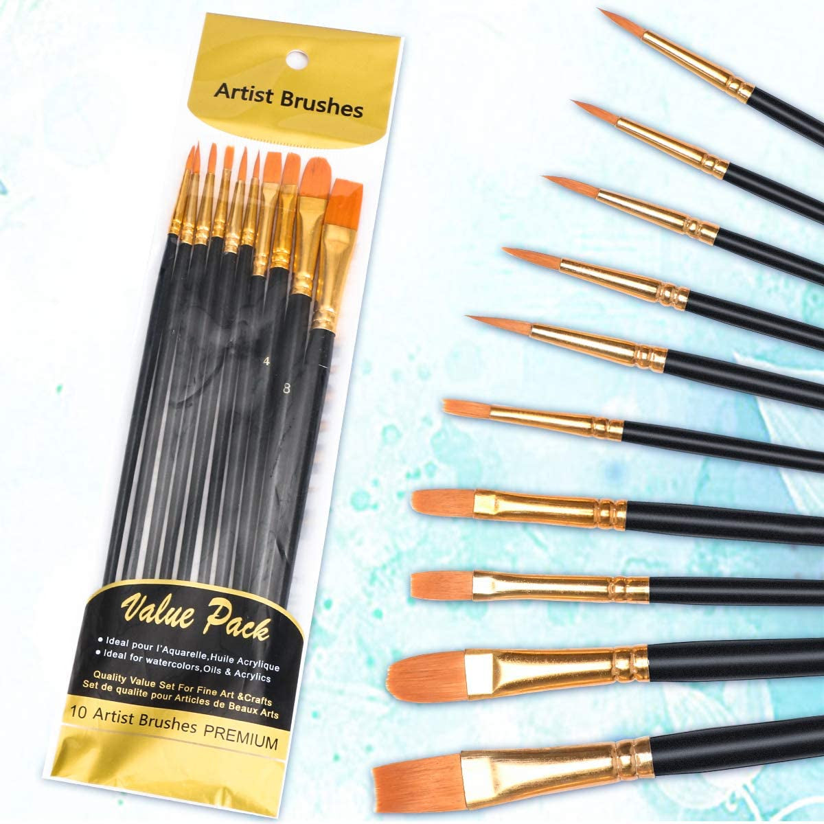 10Pcs Paint Brushes, Professional Painting Brushes Set Nylon Hair Artist Paint Brushes for Acrylic Oil Watercolor Gouache Face Painting