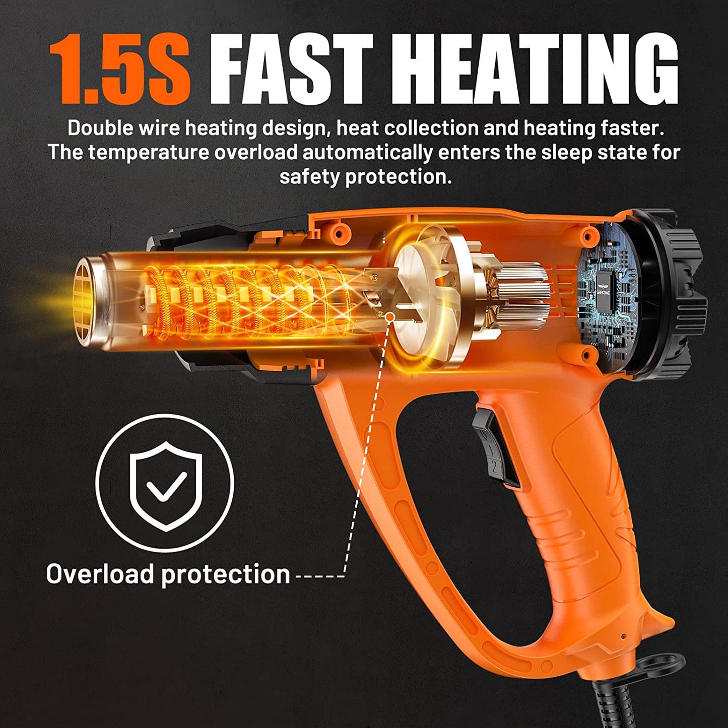 2000W Heat Gun, Hot Air Gun Kit Variable Temperature 60℃- 600℃ with 2-Temp Settings 7 Accessories Ceramic Heating Core Double Heating Wire Overload Protection for Removing Paint, Shrinking PVC