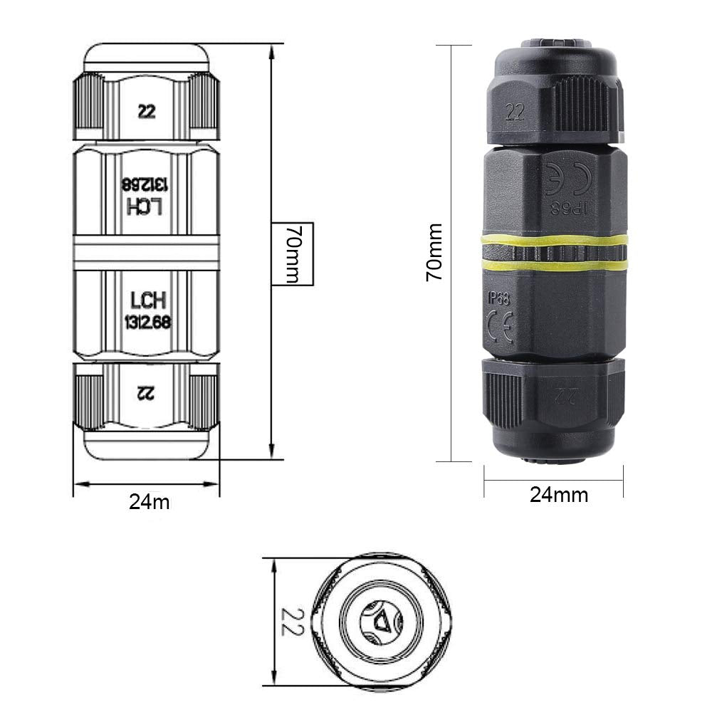 Waterproof Junction Box Outdoor Cable Connector - 2-Pack Chestele IP68 Connector External Sleeve Coupler Ø 5Mm-12Mm (Black, PA66)
