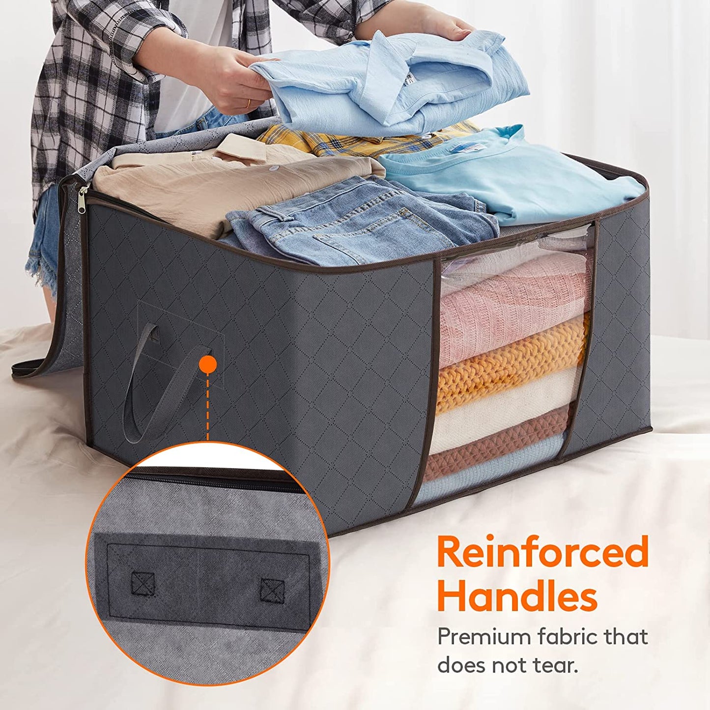 Large Capacity Clothes Storage Bag Organizer with Reinforced Handle Thick Fabric for Comforters, Blankets, Bedding, Foldable with Sturdy Zipper, Clear Window, 3 Pack, Grey