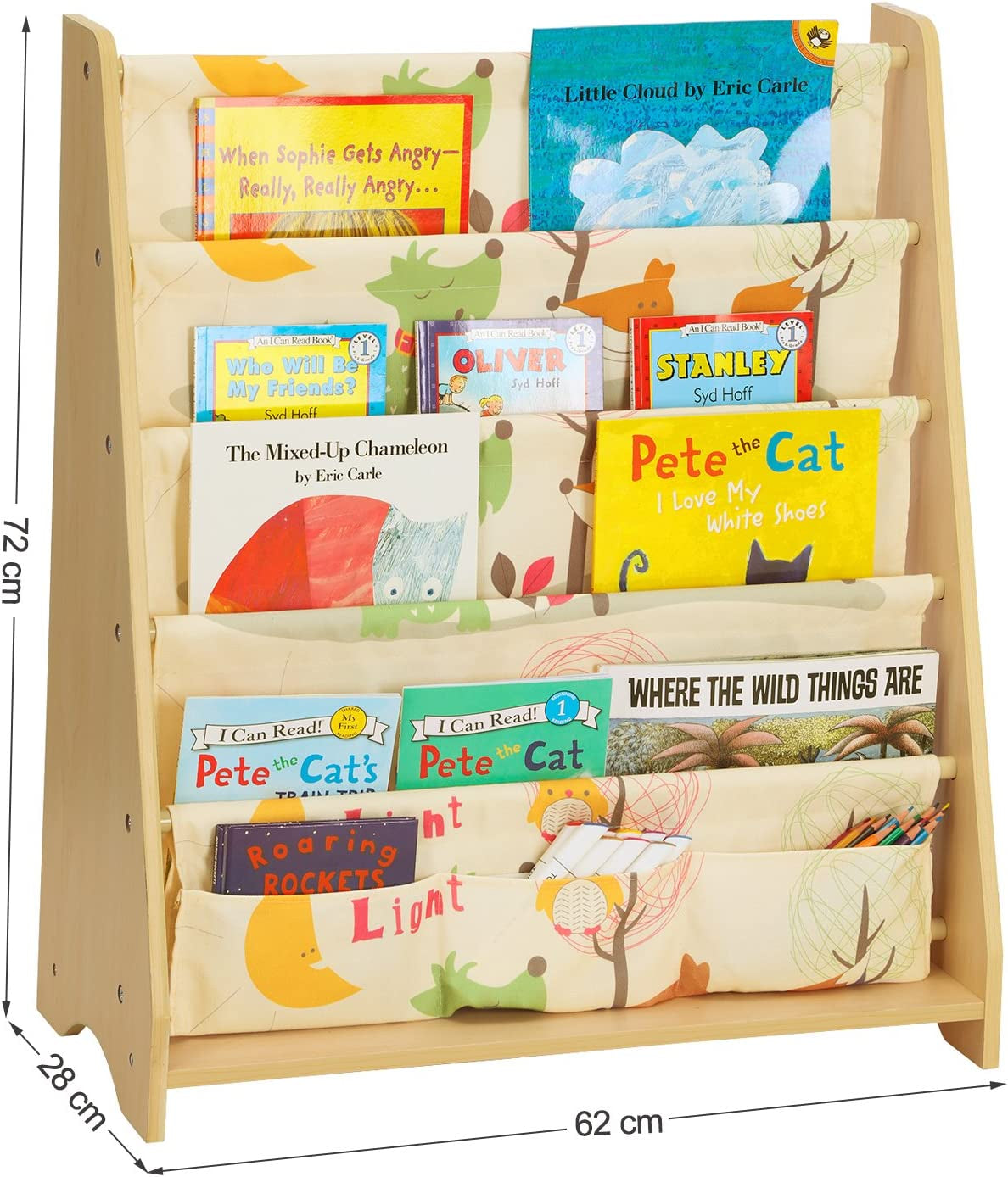 Children'S Sling Bookcase, 4 Tier Fabric Book Shelves for School Supplies Stationery, Storage Unit and Rack in Children'S Room, Nursery, Kindergarten, Animal Theme with Maple Finish GKR71YL