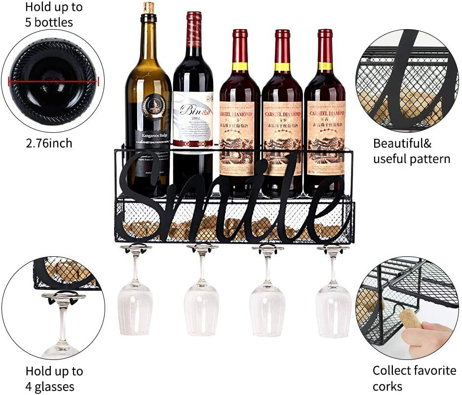 Wall Mounted Metal Wine Rack, Champagne Drink Storage Racks with 4 Long Stem Glass Holders.
