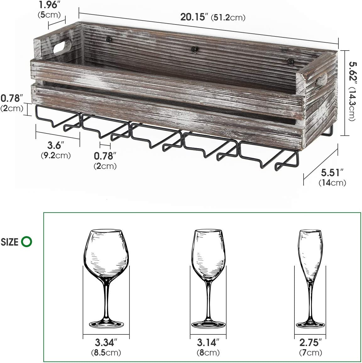Wall Mounted Rustic Wood Wine Storage Rack with Metal Glass Holder, Holds 6 Bottles, 5 Glasses, Decorative for Home Bar, Dining Room, Kitchen - MK566A