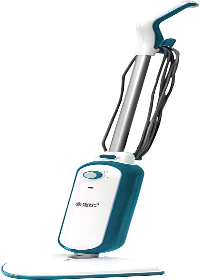 RHSM1001-G Steam and Clean 1400W Steam Mop with 3 Replacement Microfibre Mop Pads, Lightweight, Kills 99.9% Bacteria, 350Ml Water Tank, White & Aqua with Free 2 Year Guarantee