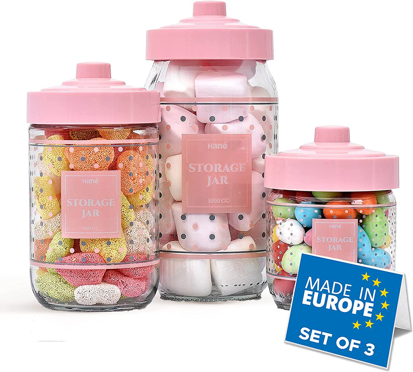 Hané Glass Jars with Lids, Set of 3 Polka Dots Design Food Storage Canister for Kitchen Storage & Organisation, Jar Containers for Storing Sugar, Flour, Cereal, Coffee (0.425 LT / 0.660 LT / 1 LT)