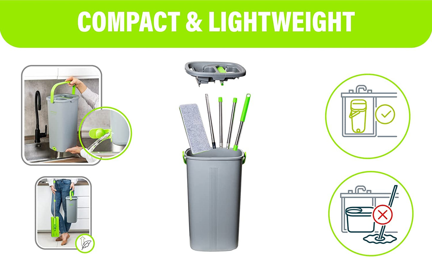 Easygleam Mop and Bucket Set. Microfibre Flat Mop with Stainless Steel Handle, Innovative Twin Chamber Bucket for WET & DRY Use. 4 Reusable Pads Supplied, Suitable for All Floor Types