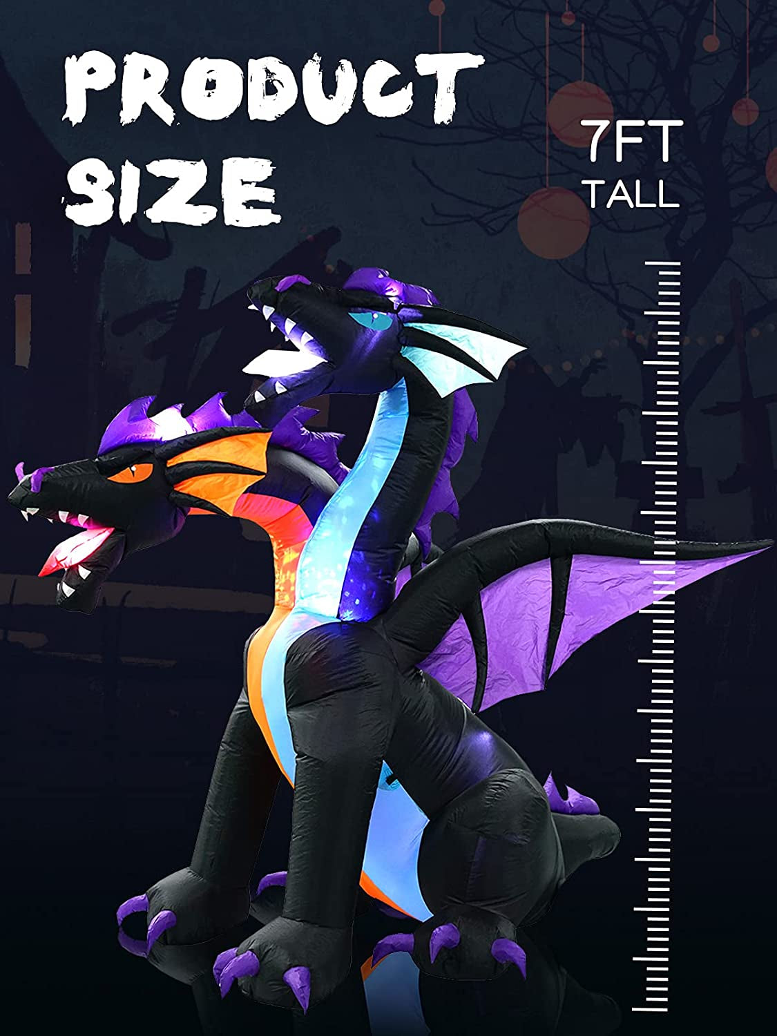 7Ft Halloween Inflatable Decoration 2-Headed Dragon, Giant Animated Fire & Ice Dragon Yard Lawn Outdoor Decoration with Build-In Lights for Holiday Party…