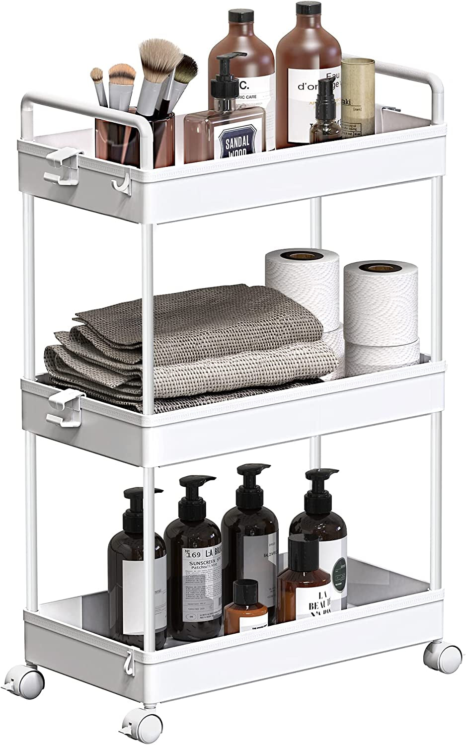 3-Tier Storage Trolley Cart Slide-Out Rolling Utility Cart Mobile Storage Shelving Organizer for Kitchen, Bathroom, Laundry Room, Bedroom, Narrow Places, Plastic,White