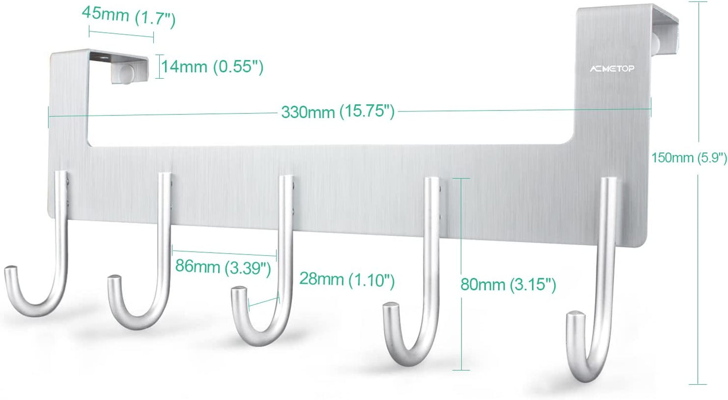over the Door Hook Hanger, Heavy-Duty Storage for Coat, Towel, Bag, Robe - 5 Hooks, Aluminum, Brush Finish (Silver)