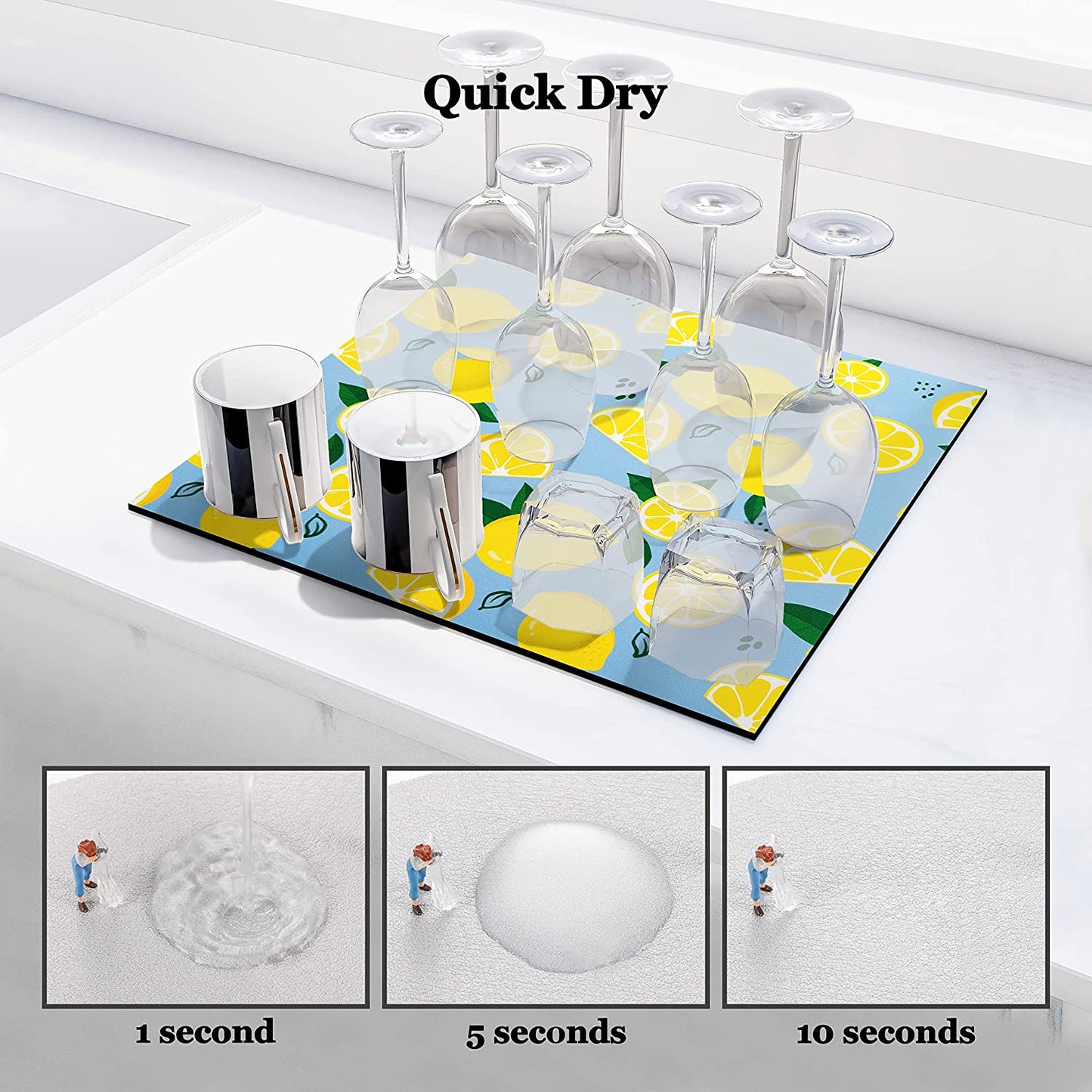 All-Purpose Dish Drying Mat Absorbent 46×42 Cm, PU Leather Kitchen Drying Mat, Draining Board Mats, Placemats Bar Mats Sink Mat for Kitchen Counter, Coffee Machines and Tables (Fresh Lemon)