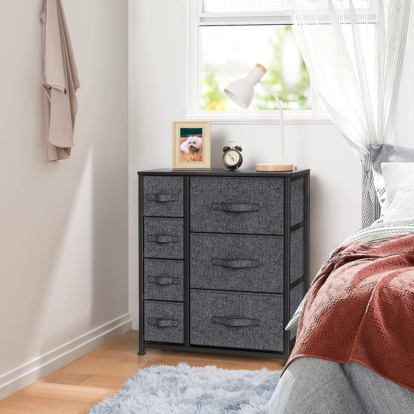Chest of Drawers, Fabric Storage Drawers with Wood Top and Large Storage Space, Vertical Chest of 7 Drawers Easy to Install Room Organizer, Living Room, Nursery Room, Hallway, Black