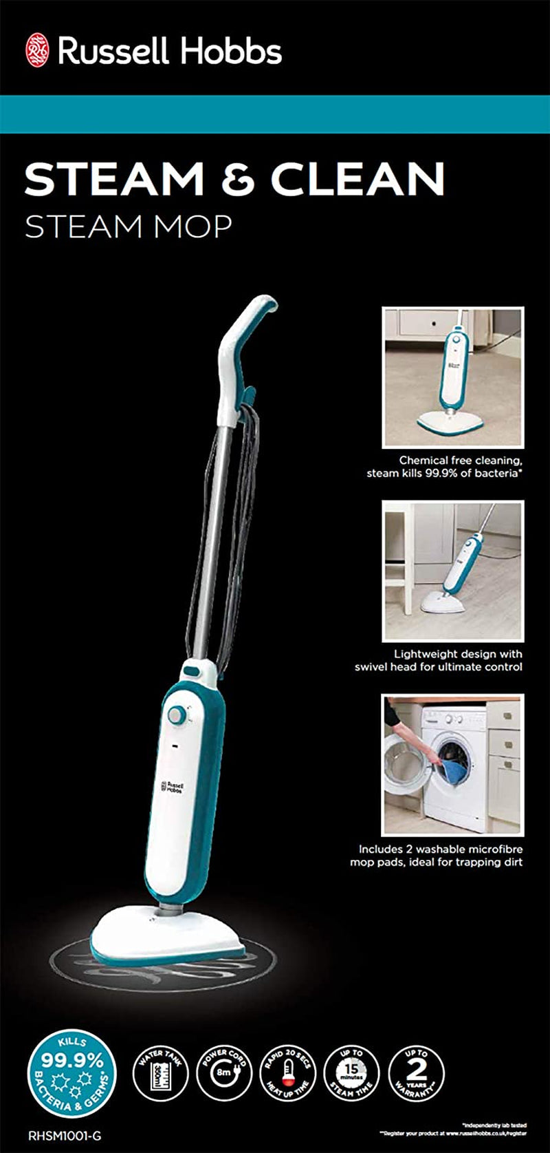 RHSM1001-G Steam and Clean Steam Mop White & Aqua - Free 2 Year Guarantee