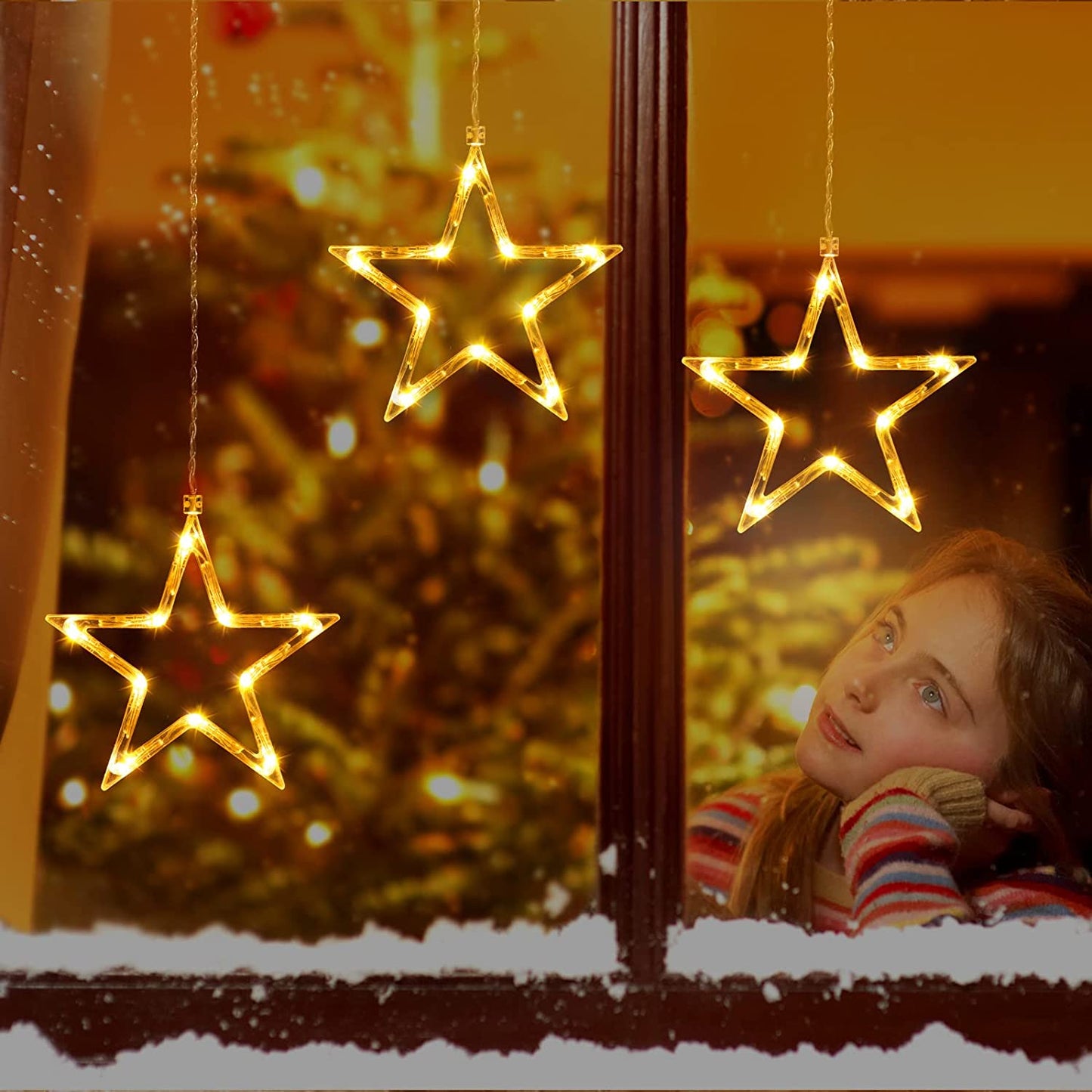 Chritmas Window Lights Indoor Outdoor, 3 Stars Lights 30 Leds Battery Operated Timer for Hanging 8 Modes Warm White Star String Lights, Xtmas Lights Decorative Light for Window, Door, Wall