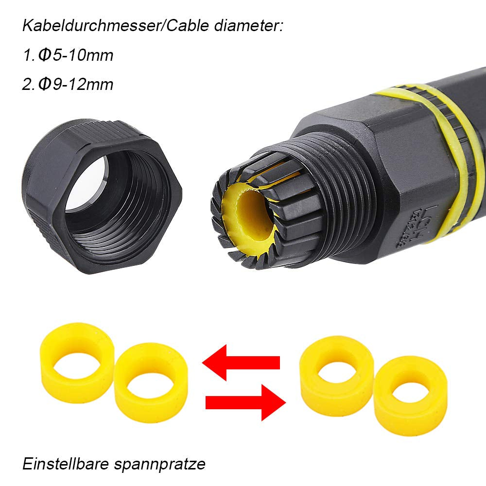 Waterproof Junction Box Outdoor Cable Connector - 2-Pack Chestele IP68 Connector External Sleeve Coupler Ø 5Mm-12Mm (Black, PA66)