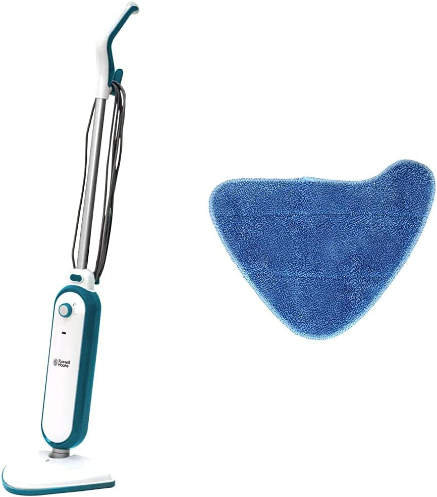 RHSM1001-G Steam and Clean 1400W Steam Mop with 3 Replacement Microfibre Mop Pads, Lightweight, Kills 99.9% Bacteria, 350Ml Water Tank, White & Aqua with Free 2 Year Guarantee