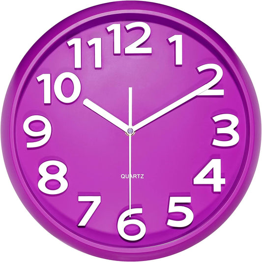 10'' Small Wall Clock, Non-Ticking Silent Quartz Decorative Clocks, Modern Style Good for Home Kitchen Living Room Bedroom Office, Big 3D Number Display, Battery Operated (Purple)