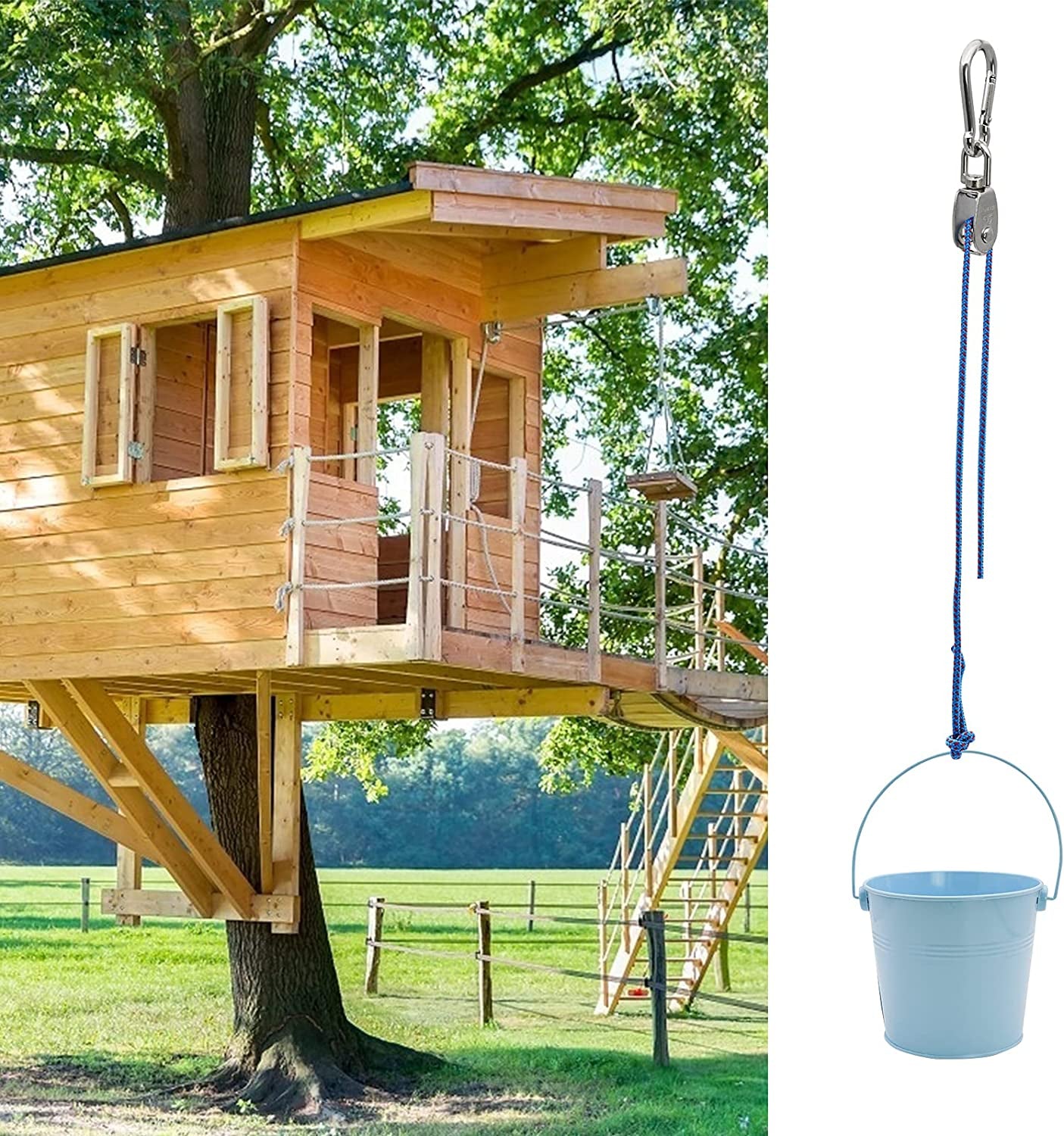 FUQUN Treehouse Accessories for Kids ,Pulley with Bucket Cable, Kids Playhouse Accessories, Outdoor Pulley for Kids, Pirate Ship Accessories Outdoor, Treehouse Accessories Pulley Bucket (Blue)