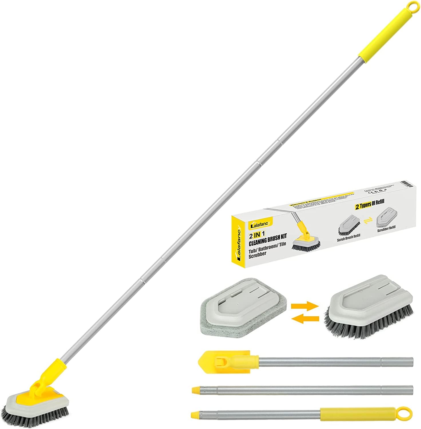 Scrub Cleaning Brush with Long Handle 35' '- 2 in 1 Extendable Floor Brush Tub & Tile Scrubber Brush Sponge with 3 Sponge Brush & 1 Stiff Bristles