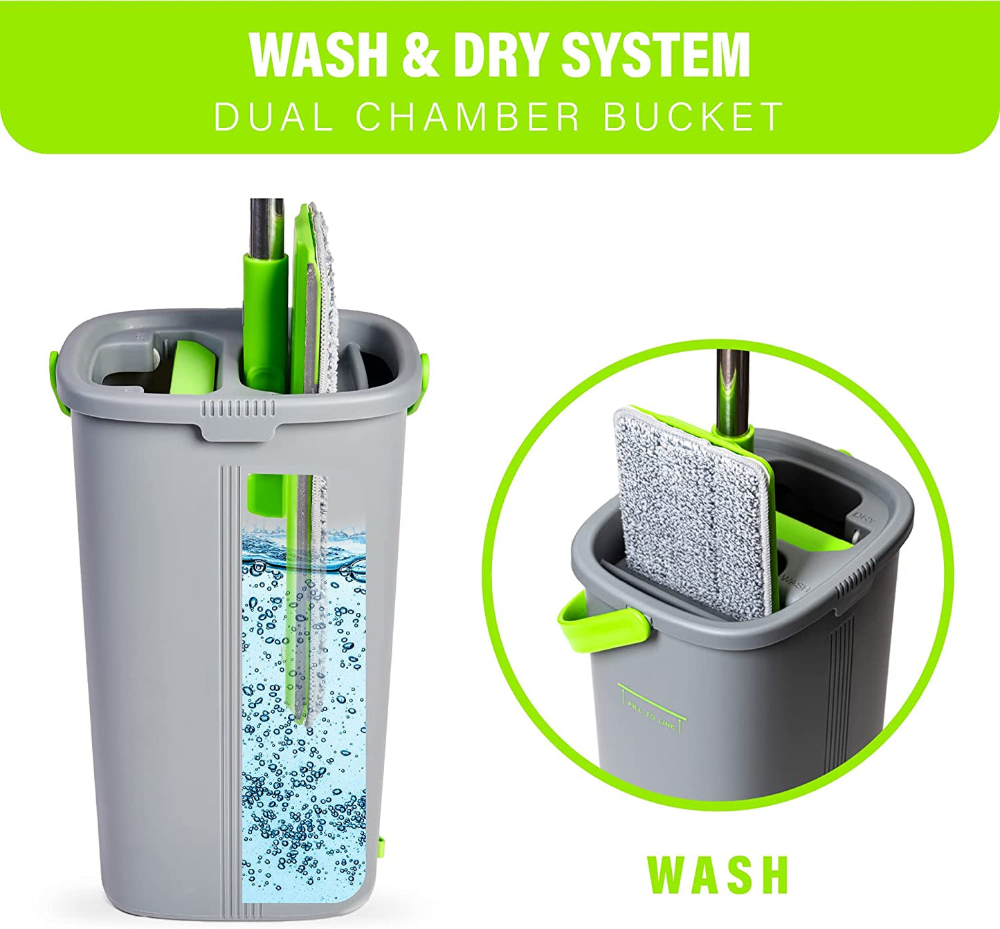 Easygleam Mop and Bucket Set. Microfibre Flat Mop with Stainless Steel Handle, Innovative Twin Chamber Bucket for WET & DRY Use. 4 Reusable Pads Supplied, Suitable for All Floor Types