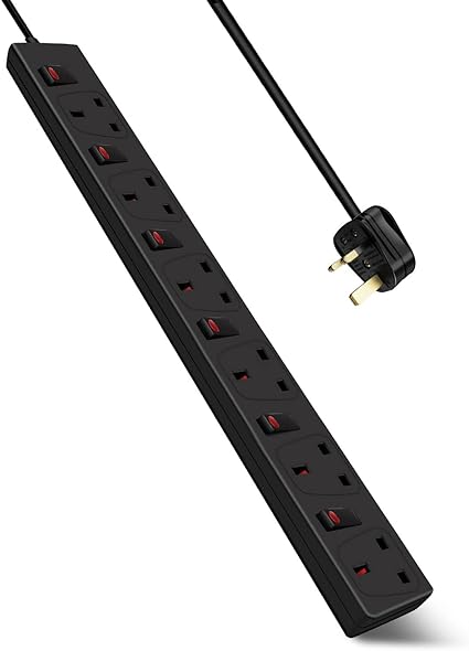 ExtraStar 6 Way Surge Protected Extension Leads 2M, Wall Mounted Power Strips with Individual Switches 13A UK Plug, Black Extension Socket for Home and Office
