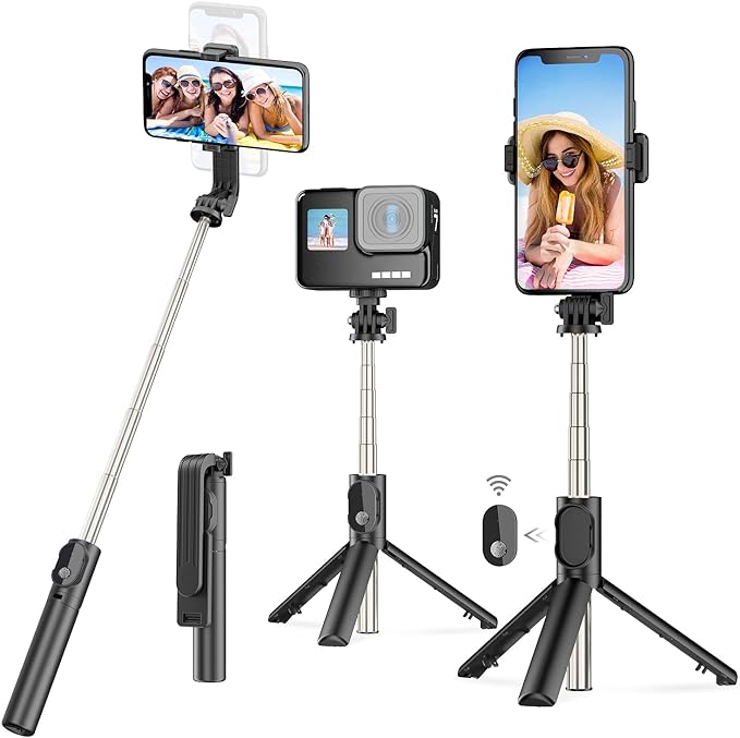 Selfie Stick for iphone,3 in 1 Bluetooth Selfie Stick Tripod with Remote,Holiday Essentials Phone Tripod Stand with Detachable Wireless Remote, Compatible with GoPro/Small Camera/Samsung/Huawei