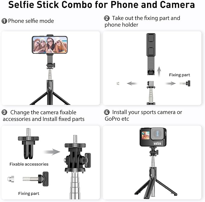 Selfie Stick for iphone,3 in 1 Bluetooth Selfie Stick Tripod with Remote,Holiday Essentials Phone Tripod Stand with Detachable Wireless Remote, Compatible with GoPro/Small Camera/Samsung/Huawei