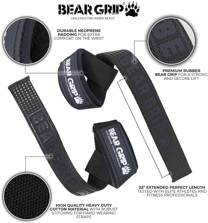 BEAR GRIP Straps - Premium Neoprene padded Heavy Duty double stitched weight lifting gym straps, Gel grip, 100% cotton, Extra long length