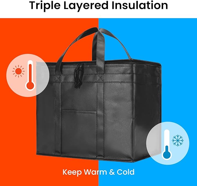 home Insulated Cooler Bag (42L, XXL, 1 Pack) for Food Delivery & Grocery Shopping with Zippered Top, Black