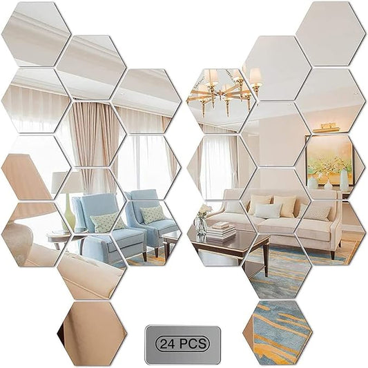 24PCS Mirror Wall Stickers DIY Decor, Hexagon Silver Acrylic Plastic Mirror Tiles Kawaii Art Decoration Accessories for Living Room Bathroom Bedroom Home