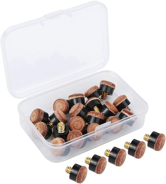 20 Pieces Screw on Tips 10 mm Cue Tips with Plastic Storage Box for Pool Cues and Snooker, Brown