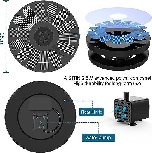 Solar Fountain 2.5W Solar Water Fountain with Solar Panel Solar Pond Pupme with 6 Fountain Nozzles Solar Floating Fountain Pump for the Garden, Bird Bath, Fish Tank