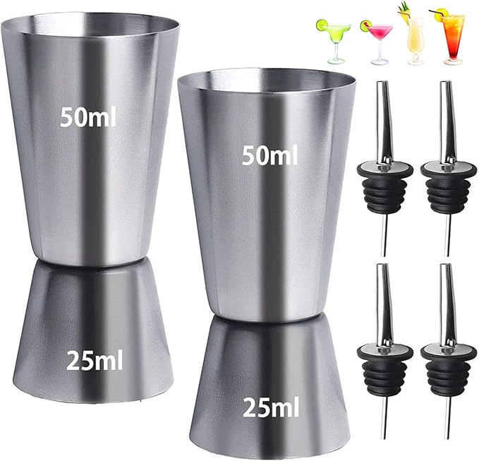 2Pcs Spirit Measures 25ml 50ml, Stainless Steel Shot Measure Alcohol Gin Jigger Bar Craft Dual Drinks Measure Cup with 4Pcs Freeflow Pourers
