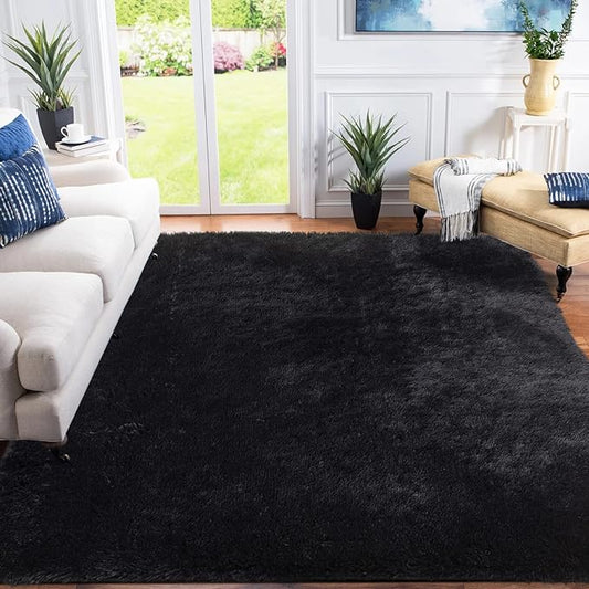 Black Rugs for Living Room, Ultra Soft Bedroom Rugs Area Rug Living Room Floor Carpet, Luxury Fluffy Shag Lounge Rug Ideal for Bedroom, Nursery, Kids Baby Room, 120x160cm