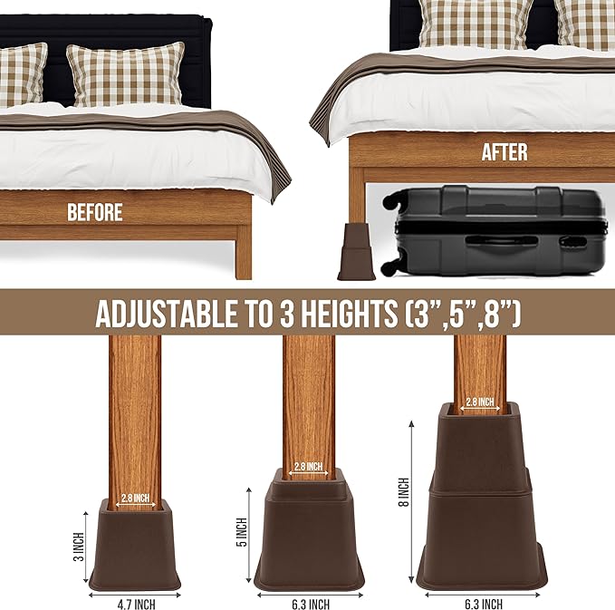 8 Piece Premium Adjustable Furniture Risers (4 High and 4 Short) - Heavy Duty Riser with Strong Space saving - Bed Riser, Table Riser, Chair or Sofa Riser (3, 5 or 8 Inch) - (Brown)