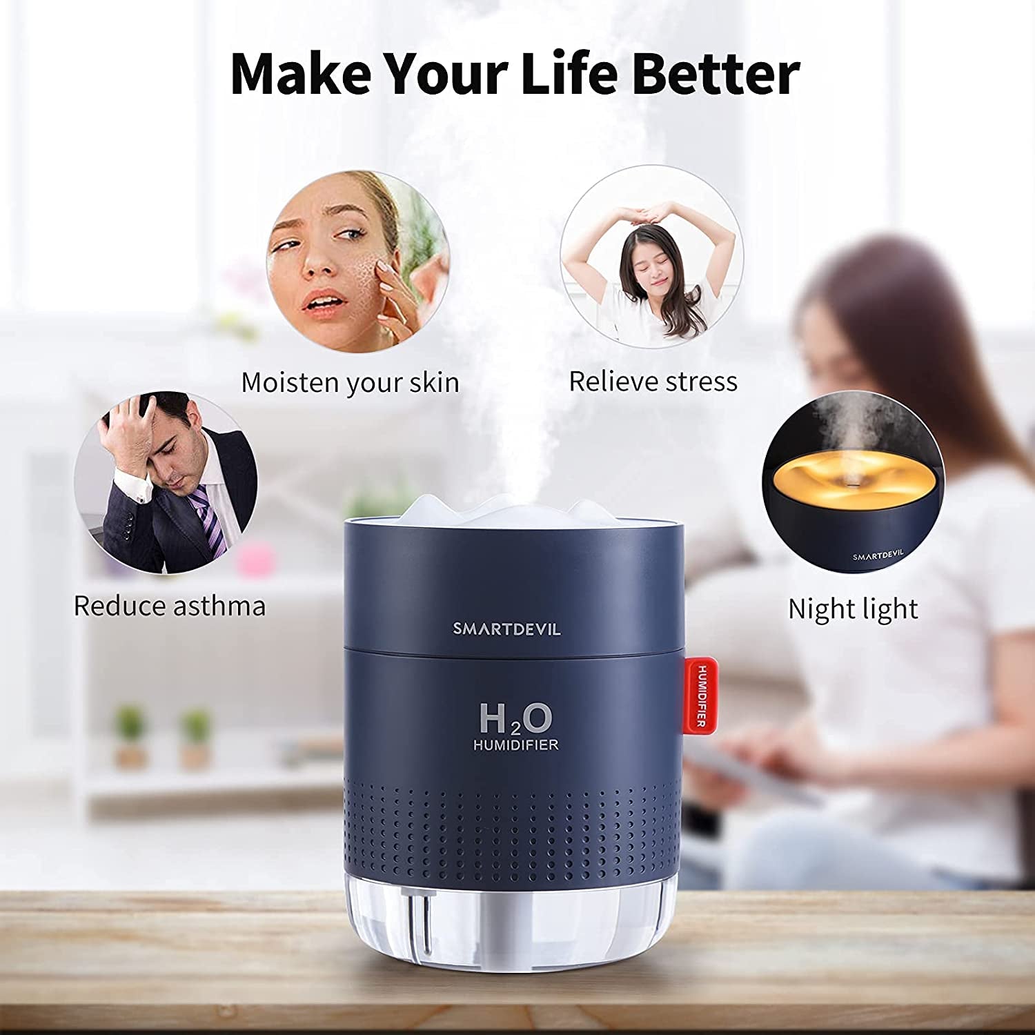 Humidifiers 500Ml for Home, Cool Mist Air Humidifier with Night Light, Whisper Quiet USB Humidifiers, Waterless Auto-Off, Humidifiers for Bedroom Baby, Yoga, Office, Plants - 2 Filter