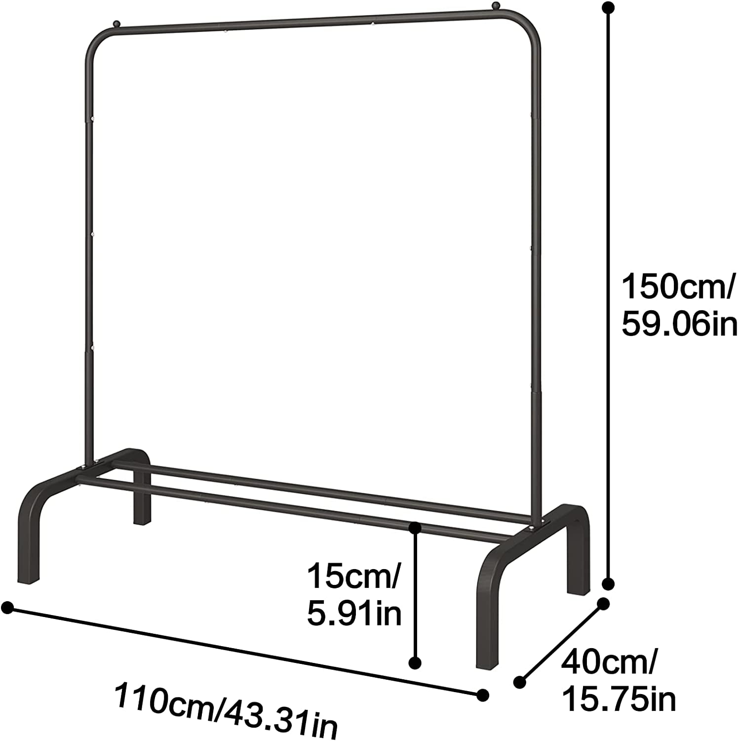 Clothing Garment Rack, 110 CM Metal Clothes Rail, Coat Rail with Bottom Rack for Coats, Skirts, Shirts, Sweaters, Black