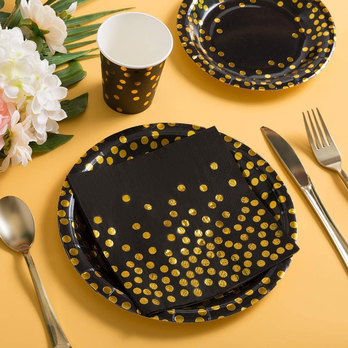 Party Tableware,141 Pcs Foil Dots Party Supplies Party Tableware, Dinnerware Set, Party Paper Cups Plates Napkins Cutlery,For Birthday,Weddings,Anniversary Decorations (20 Guests) (Black Gold)