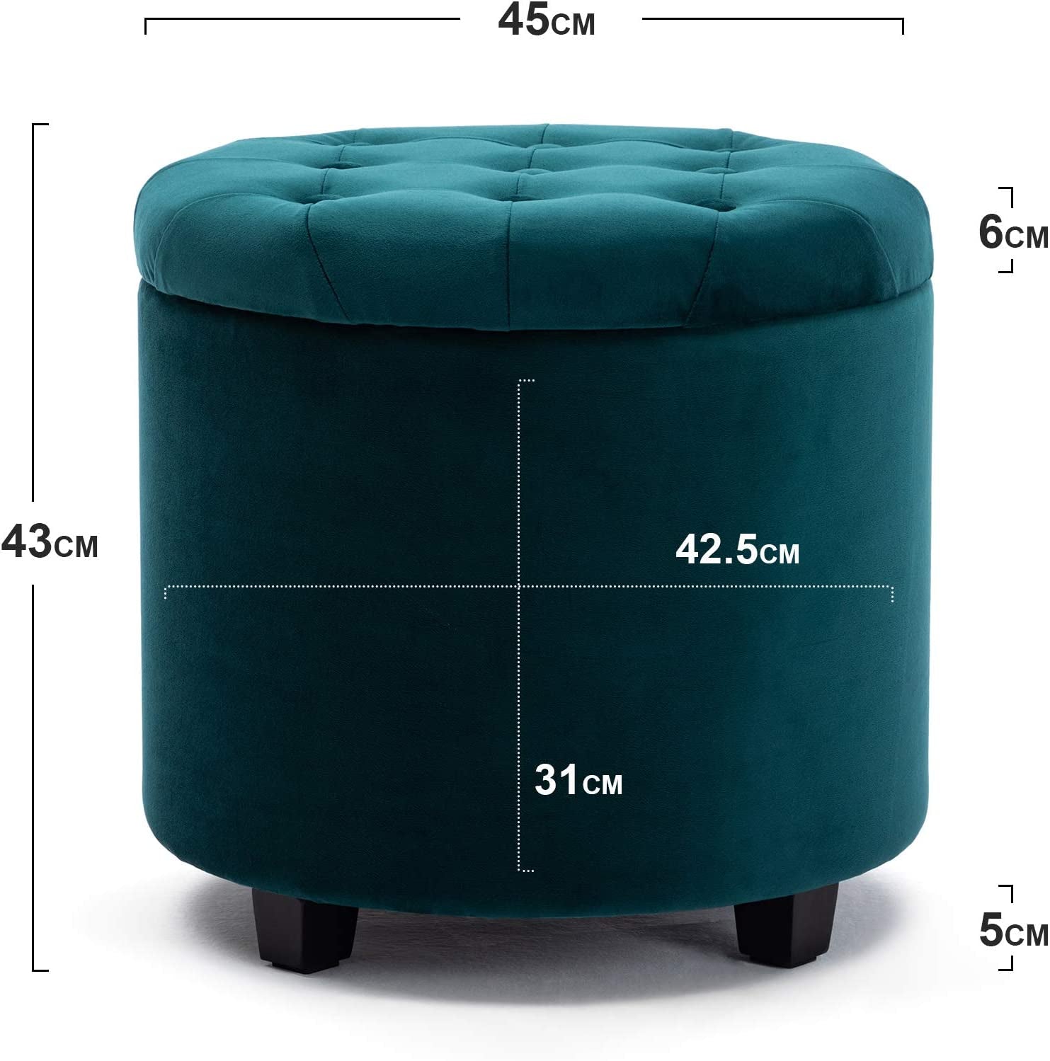 45Cm round New Velvet Padded Seat Ottoman Storage Stool Box, Footstool Pouffes Chair with Lids (Teal, Velvet)
