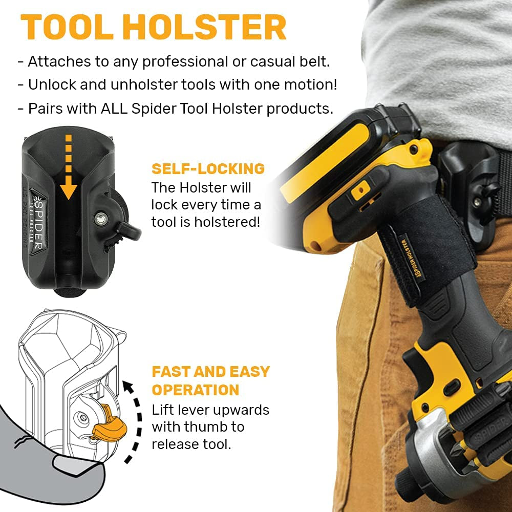 Set - Self Locking, Quick Draw Belt Holster Clip + Elastic Tool Grip - Improve the Way You Carry Your Power Drill, Driver, Multitool, Pneumatic, Flashlight, Hammer, Saw and More!