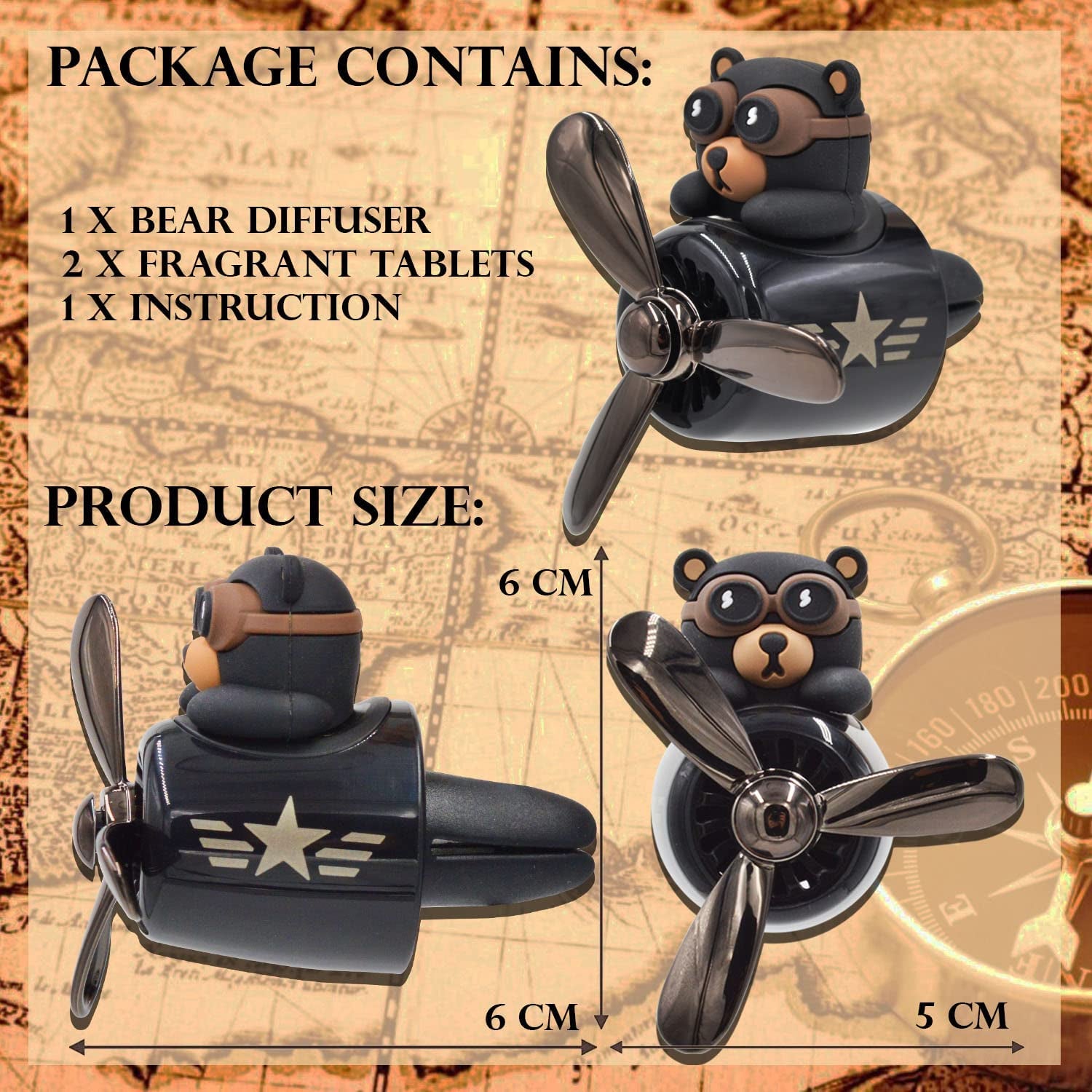 Bear Pilot Retro Airplane Car Air Freshener Personalised Air Outlet Vent Accessories (Dark)