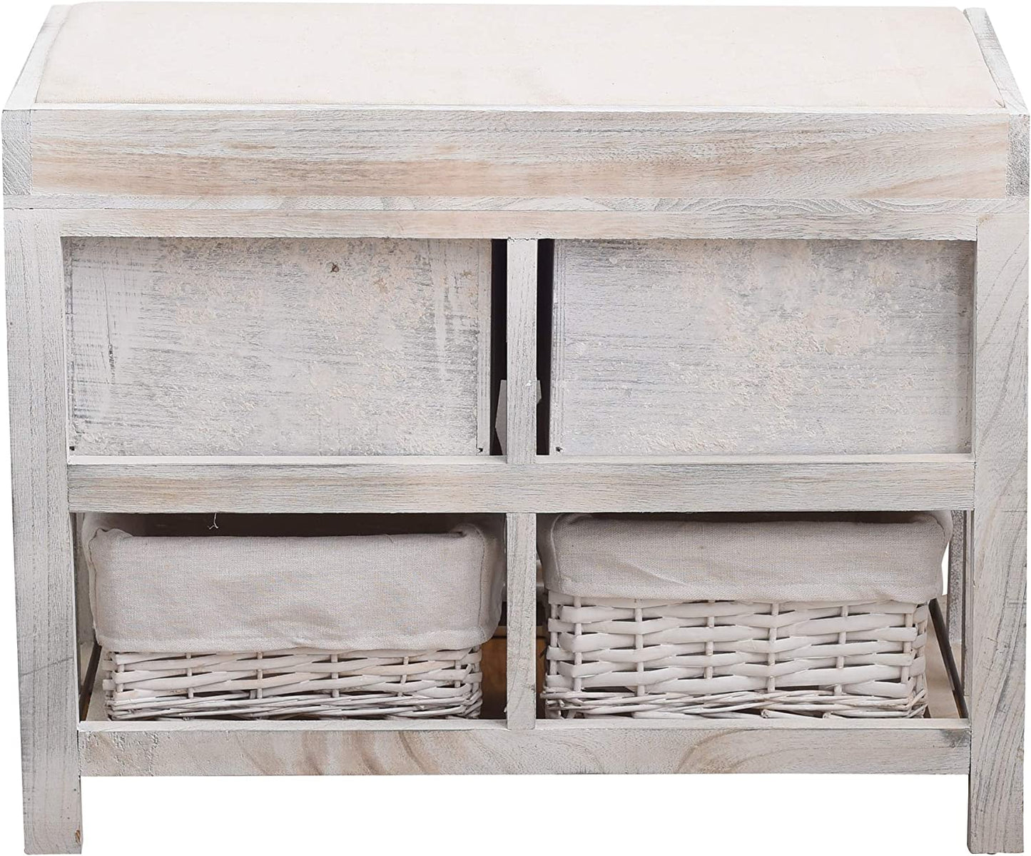 Rebecca Mobili Bench Seat Storage Unit with 2 Drawers Wood White Natural Vintage Bathroom Hall - 46 X 60 X 30 Cm (H X W X D) - Art. RE4553