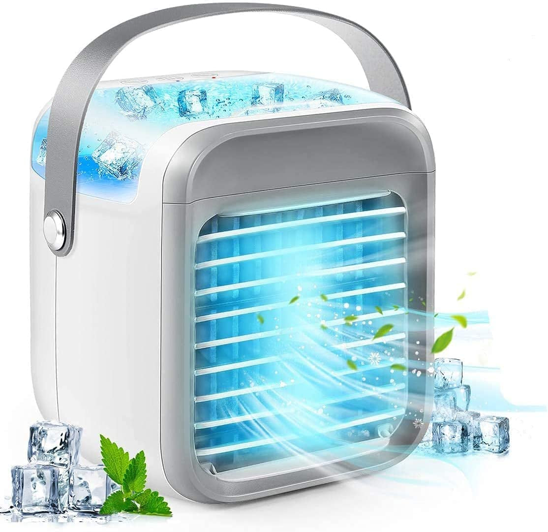 Personal Air Conditioner, Small Desk Fan, Portable Mini USB Cooler, 3 in 1 Evaporative Conditioner with 7 LED Light/Humidifier/Purifier/3 Speeds Desktop for Home, Office, Room, Grey-V