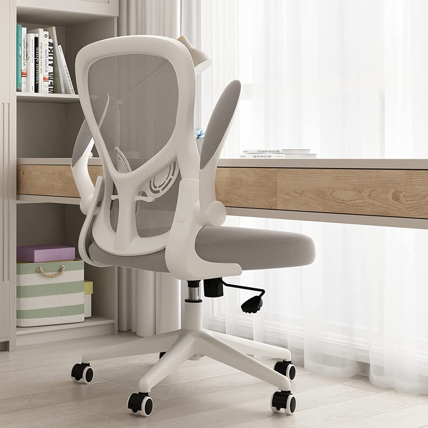 Ergonomic Desk Chair, Computer Office Chair with Flip-Up Armrest&Lumbar Support, Adjustable Height, Grey