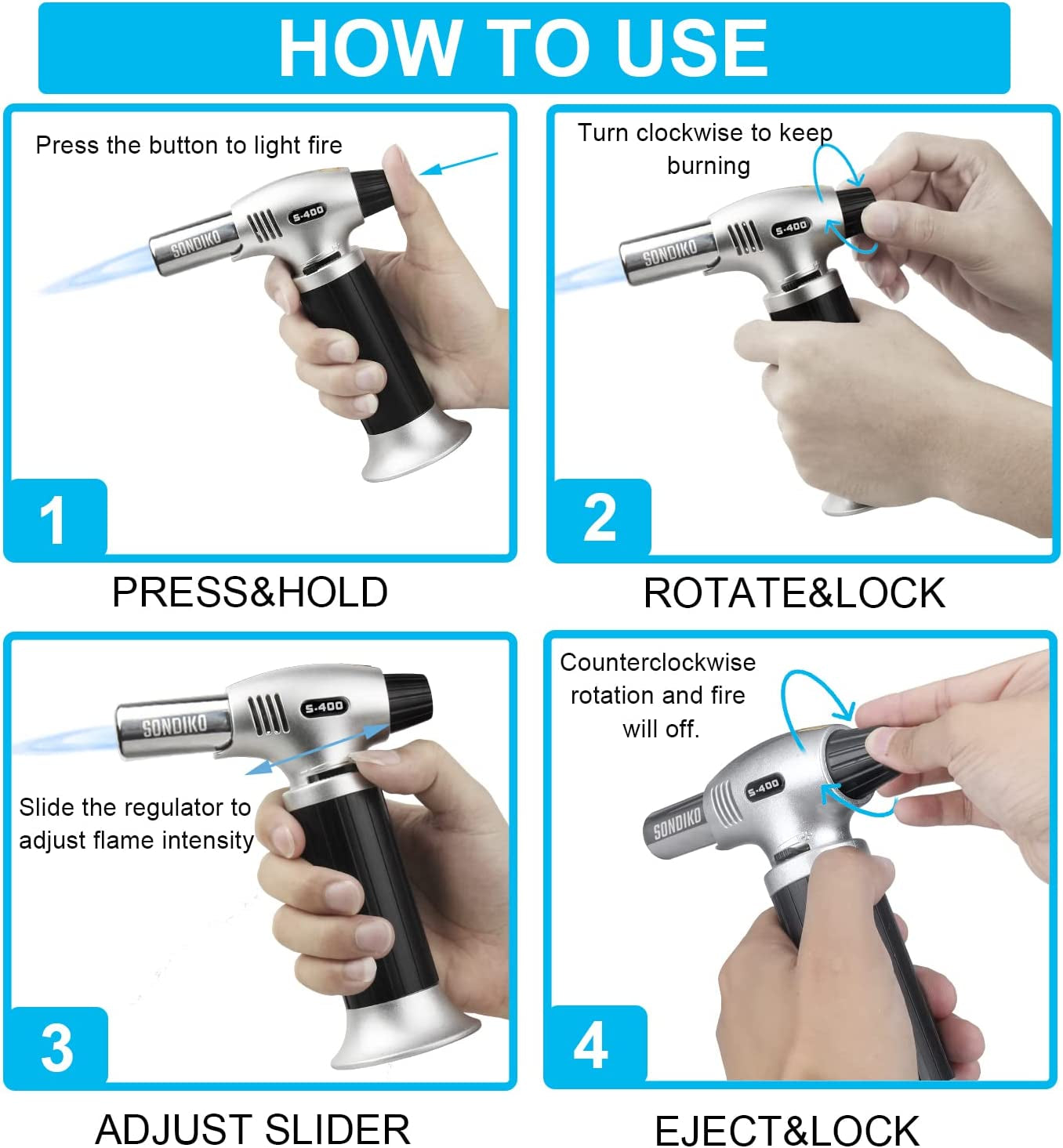 Blow Torch S400, Fits All Butane Tanks Refillable Kitchen Blow Torch Lighter with Safety Lock and Adjustable Flame Perfect for Desserts, Creme Brulee, BBQ and Bakingbutane-Gas Not Included