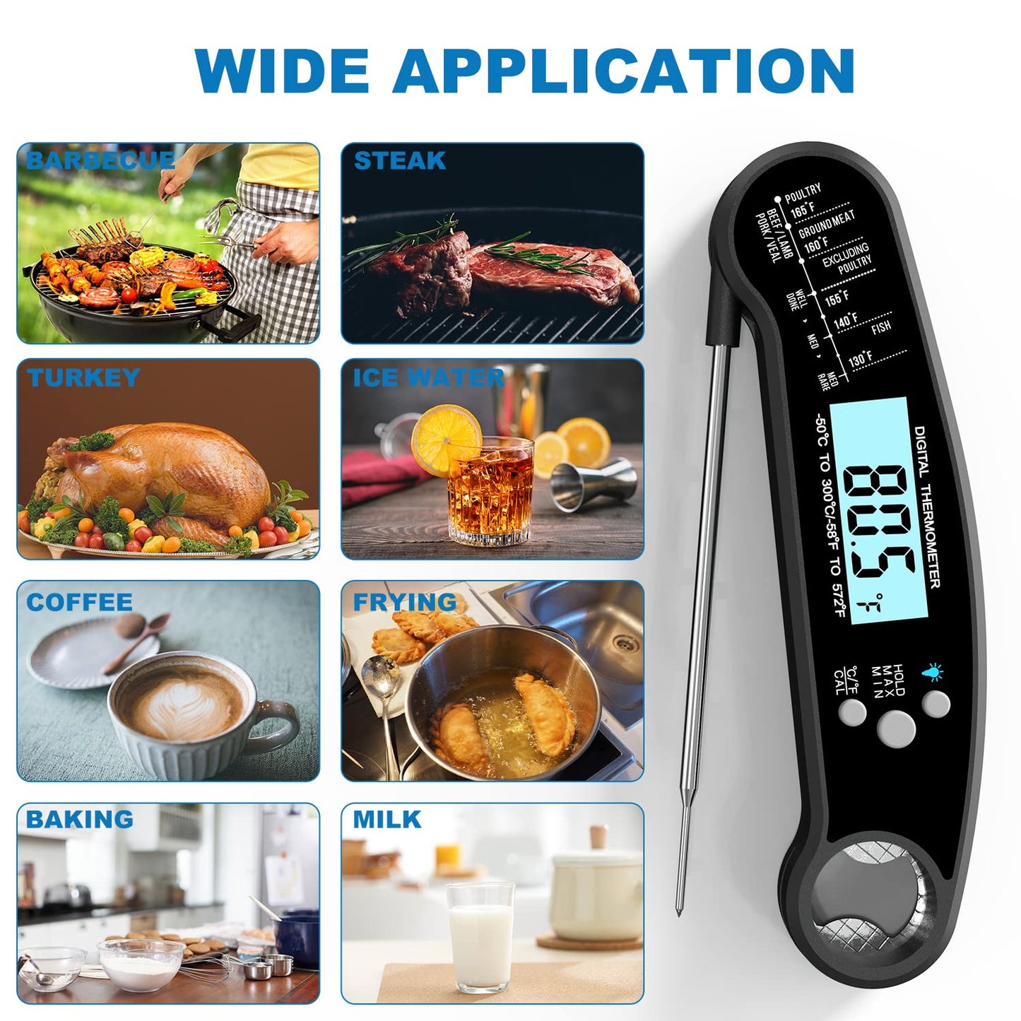Meat Thermometer with Probe - Instant Read Waterproof Kitchen Digital Food Thermometer for Cooking, Baking, Liquids, Candy, Grilling BBQ & Air Fryer