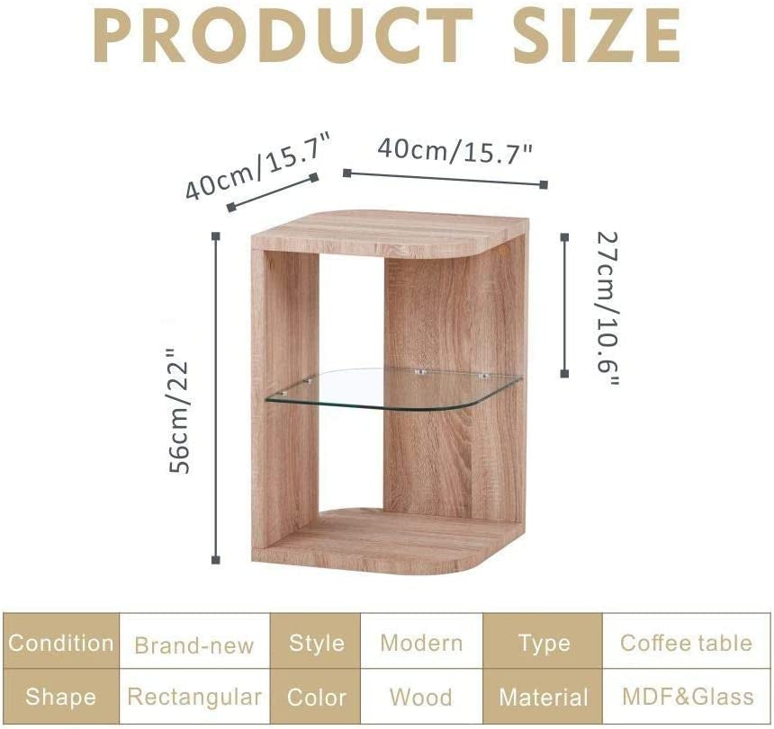 Glass Wood Side Table End Table Small Coffee Table Lamp Sofa Bedside Table with Storage for Living Room/Bed Room, Oak Finish